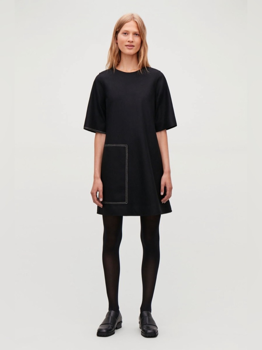 COS Black Short Sleeve Topstitched Wool cashmere Shift Dress Contrast  6